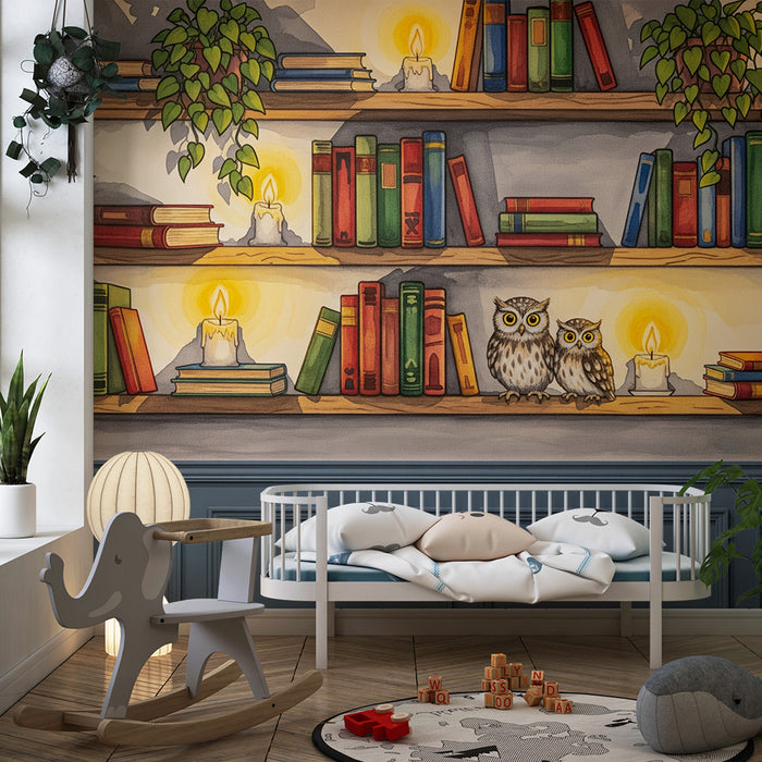 Papel de parede criança | Prateleiras cheias de livros e corujas em um ambiente acolhedor