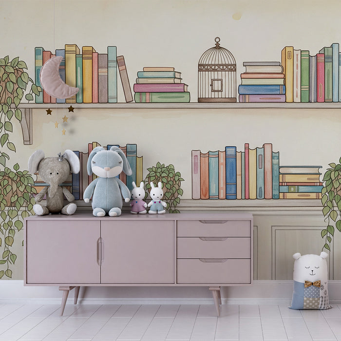 Carta da parati bambini | Mensole piene di libri e piante verdi