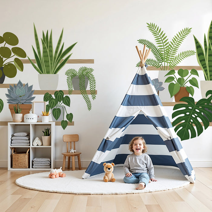 Kinderzimmer-Tapete | Regale mit farbenfrohen Zimmerpflanzen