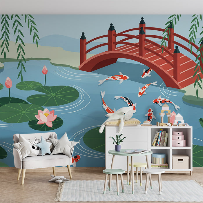 Børnetapet | Fredfyldt dam med koi-karper og lotusblomster