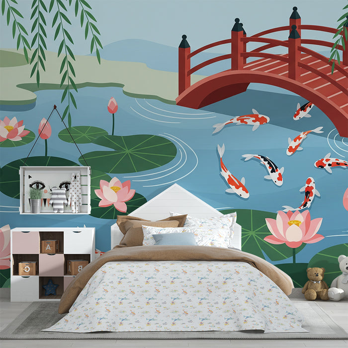 Børnetapet | Fredfyldt dam med koi-karper og lotusblomster