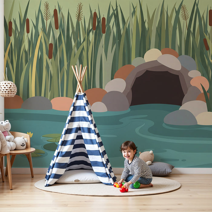 Papel de parede infantil | Lago sereno com nenúfares e rochas coloridas