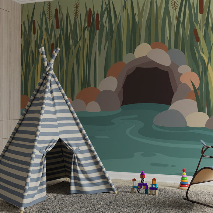 Papel de parede infantil | Lago sereno com nenúfares e rochas coloridas