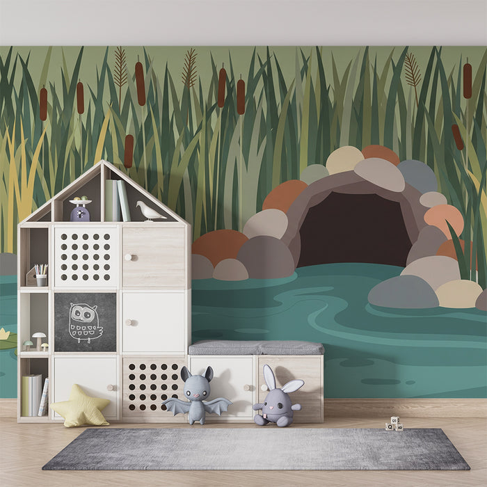 Papel de parede infantil | Lago sereno com nenúfares e rochas coloridas