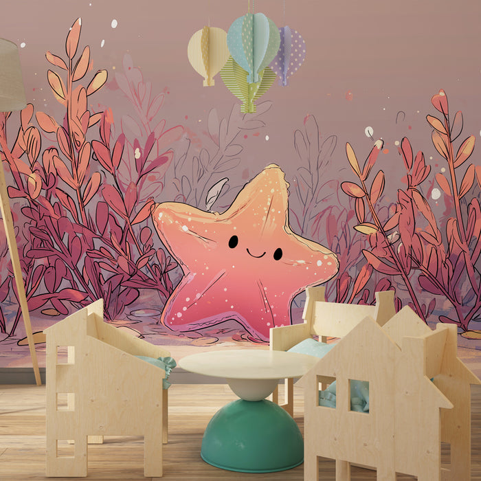Papel de parede criança | Estrela do mar alegre e ervas marinhas