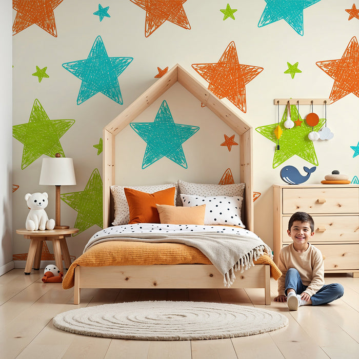 Kids room wallpaper | Värvilised tähekesed sinisel, rohelisel ja oranžil taustal
