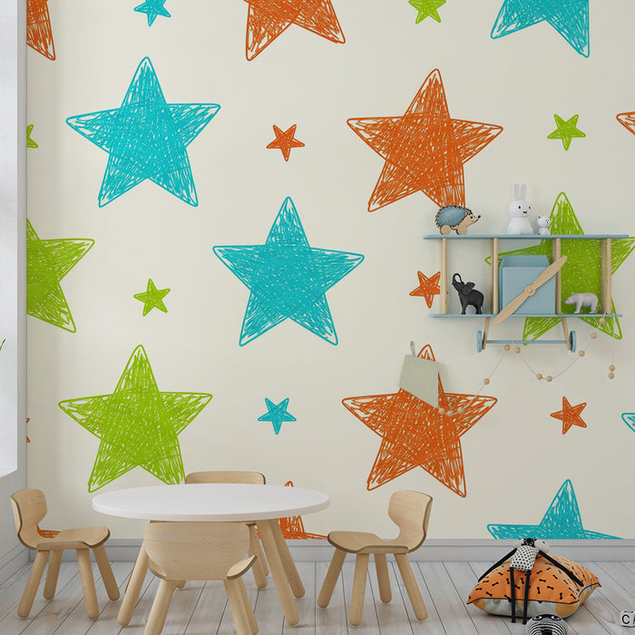 Kids room wallpaper | Värvilised tähekesed sinisel, rohelisel ja oranžil taustal