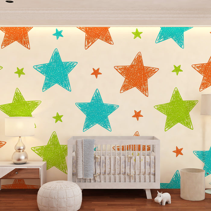 Kids room wallpaper | Värvilised tähekesed sinisel, rohelisel ja oranžil taustal