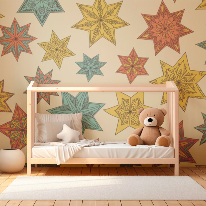 Tapet pentru cameră de copii | Stele colorate și modele geometrice pe fundal crem