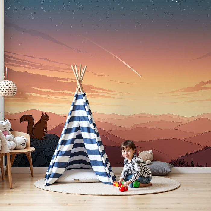 Papier peint chambre enfant | Étoiles et écureuil dans la nature