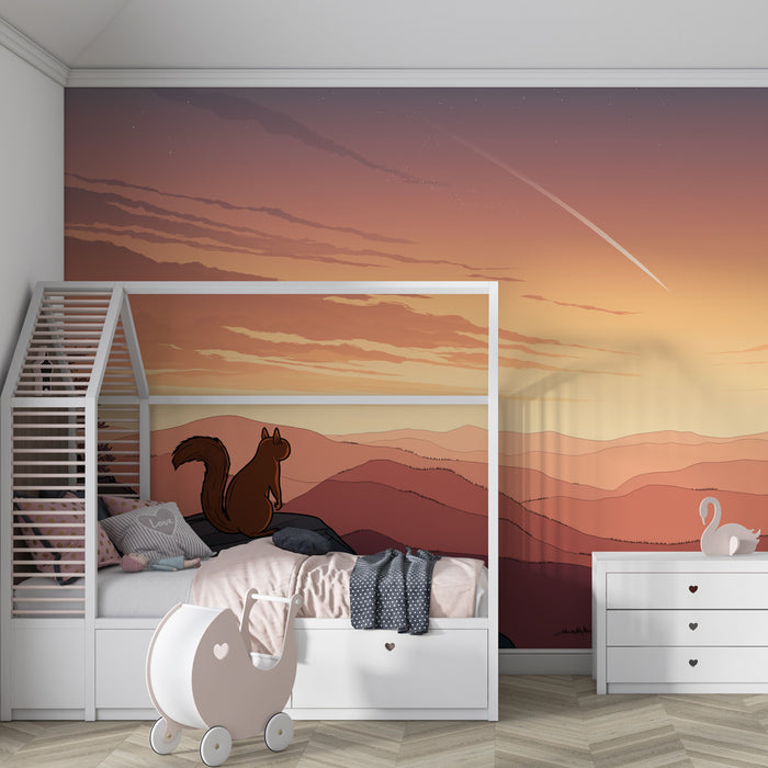 Papier peint chambre enfant | Étoiles et écureuil dans la nature