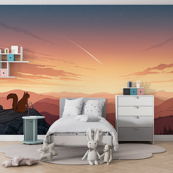 Papier peint chambre enfant | Étoiles et écureuil dans la nature