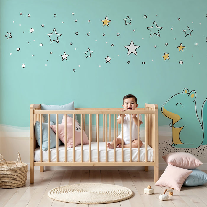 Papier peint chambre enfant | Étoiles et écureuil rêveur