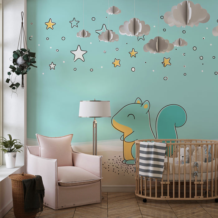 Papier peint chambre enfant | Étoiles et écureuil rêveur