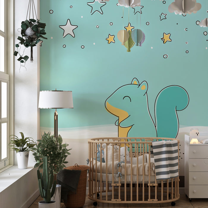 Papier peint chambre enfant | Étoiles et écureuil rêveur