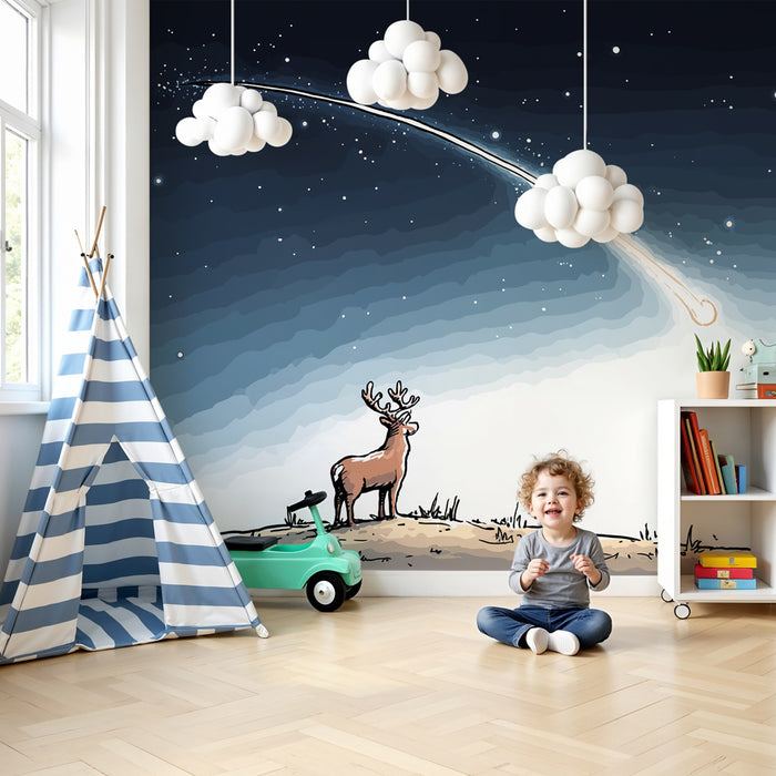 Tapet pentru camera copilului | Stele căzătoare și cerbi în noaptea înstelată
