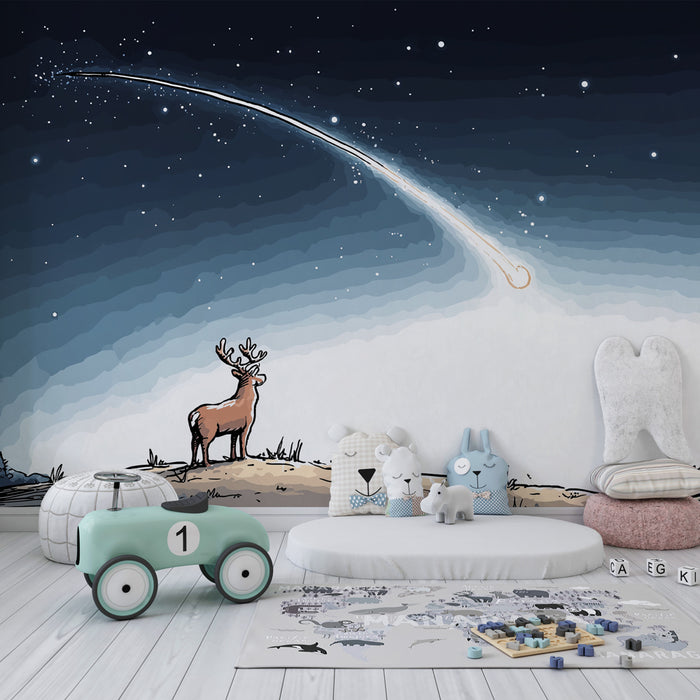 Tapet pentru camera copilului | Stele căzătoare și cerbi în noaptea înstelată