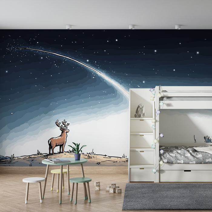 Tapet pentru camera copilului | Stele căzătoare și cerbi în noaptea înstelată