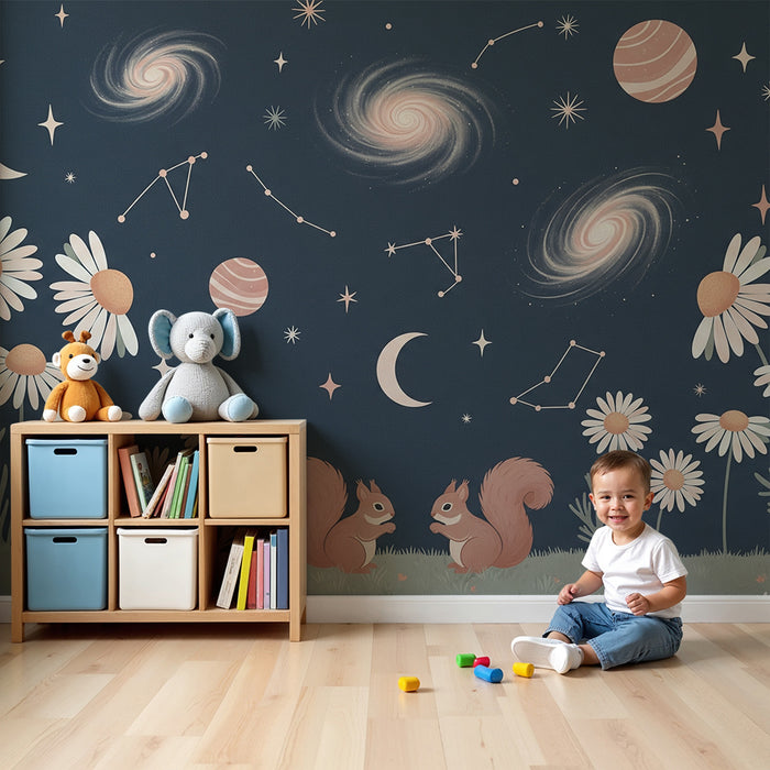 Gyermekszoba tapéta | Csillagok, virágok és mókusok egy éjszakai égen