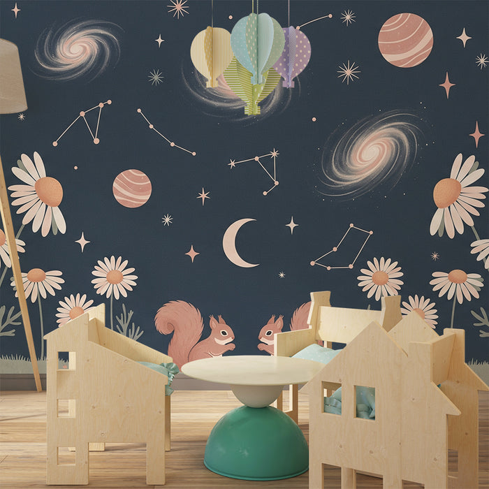 Gyermekszoba tapéta | Csillagok, virágok és mókusok egy éjszakai égen