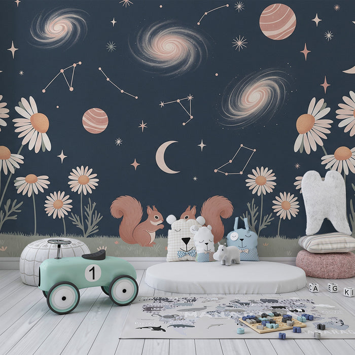 Gyermekszoba tapéta | Csillagok, virágok és mókusok egy éjszakai égen