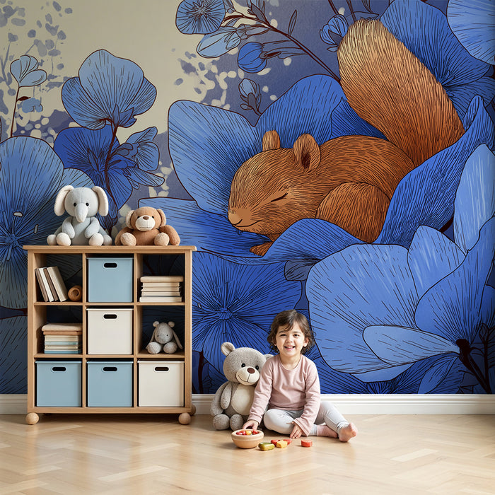Kids room wallpaper | Floral awakening with a sleeping squirrel in blue flowers