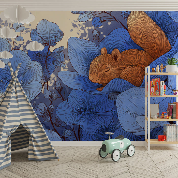 Kids room wallpaper | Floral awakening with a sleeping squirrel in blue flowers