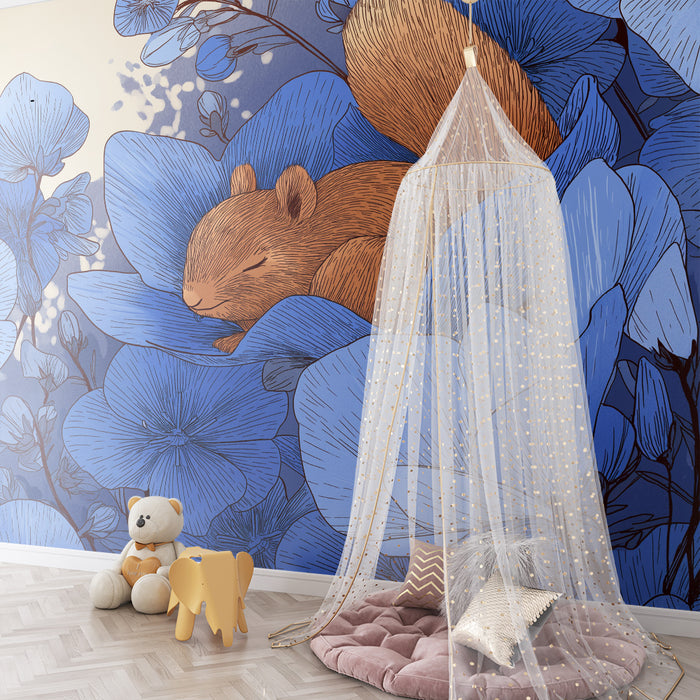 Kids room wallpaper | Floral awakening with a sleeping squirrel in blue flowers