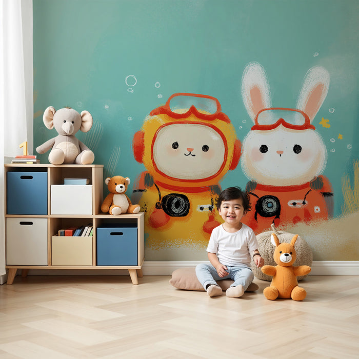Papel pintado infantil | Exploradores submarinos con un oso y un conejo