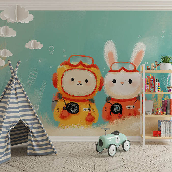 Papel pintado infantil | Exploradores submarinos con un oso y un conejo