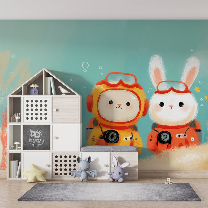 Papel pintado infantil | Exploradores submarinos con un oso y un conejo