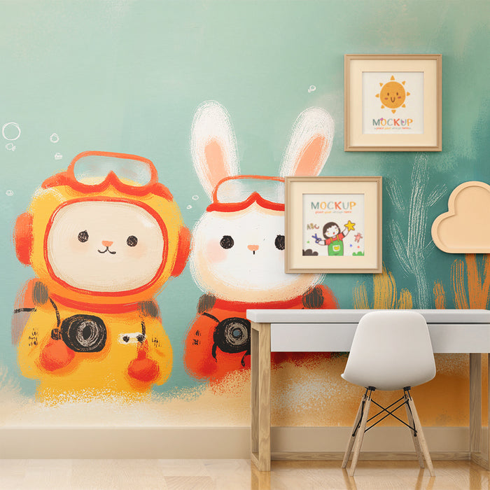 Carta da parati bambini | Esploratori subacquei con un orso e un coniglio