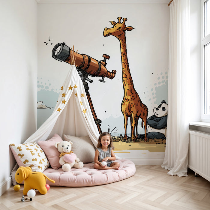 Lastenhuoneen tapetti | Tutkimus kaukoputkella kirahvin ja pandan välillä