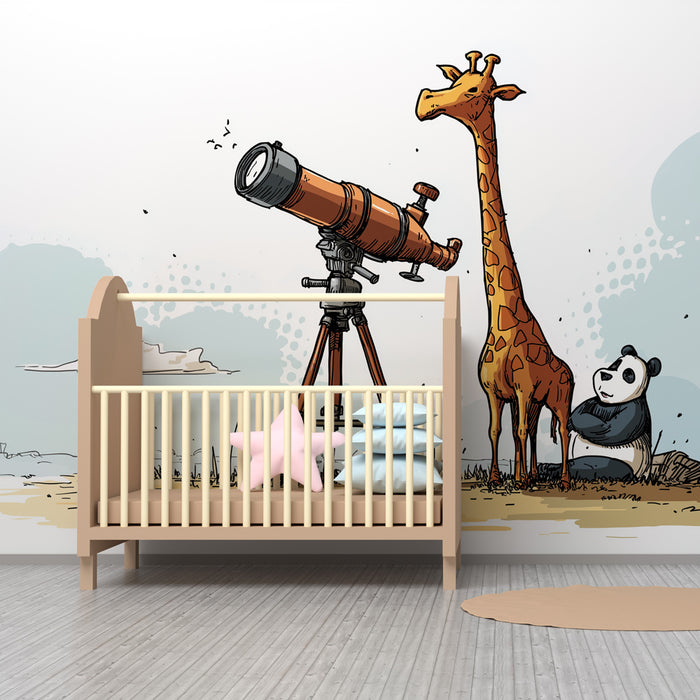 Lastenhuoneen tapetti | Tutkimus kaukoputkella kirahvin ja pandan välillä