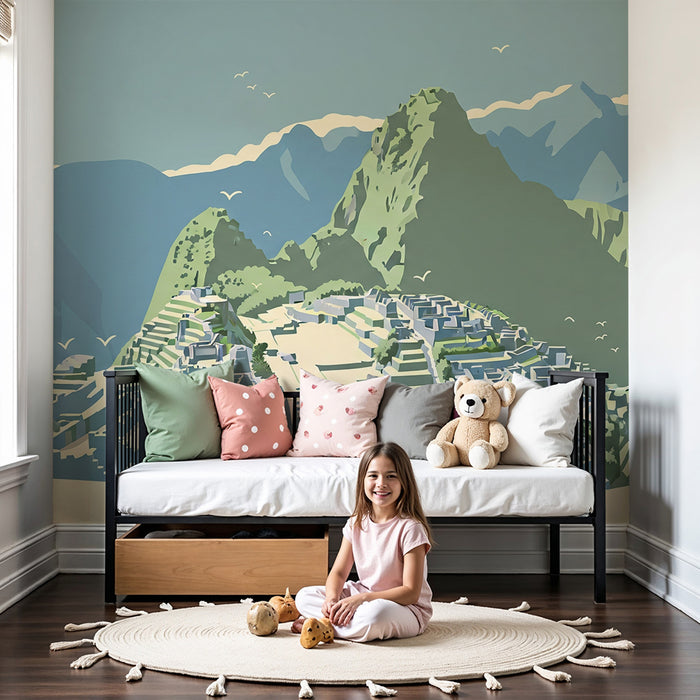 Papel de parede para quarto infantil | Exploração de Machu Picchu com montanhas majestosas