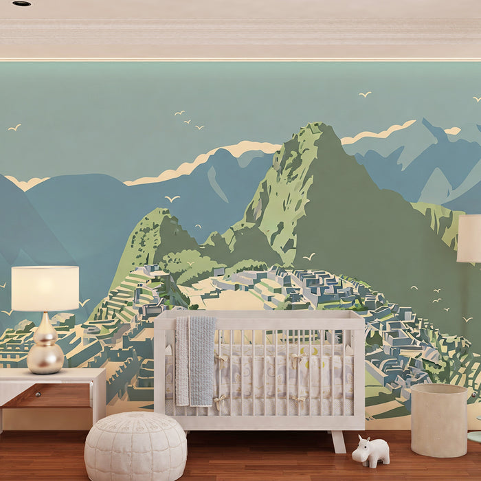 Papel de parede para quarto infantil | Exploração de Machu Picchu com montanhas majestosas