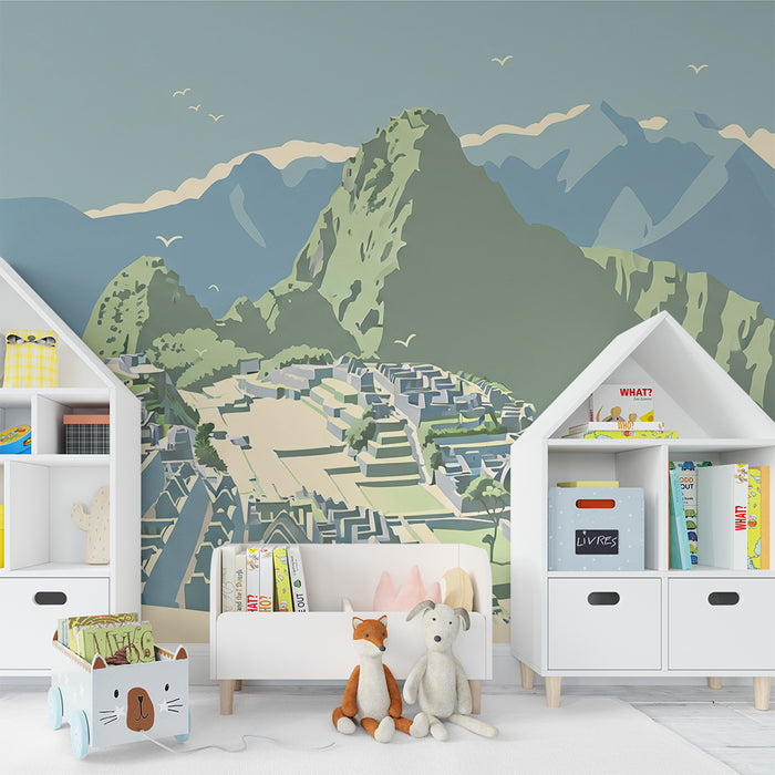 Papel de parede para quarto infantil | Exploração de Machu Picchu com montanhas majestosas