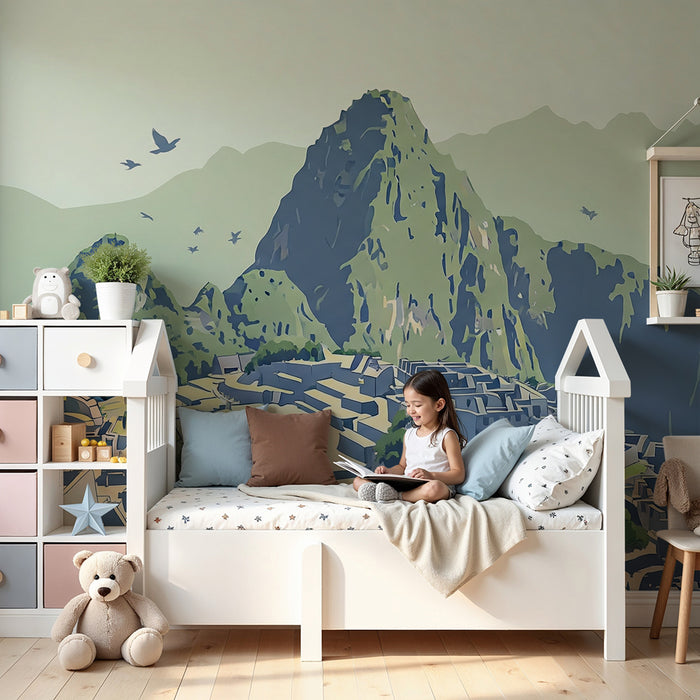 Papel de parede para quarto infantil | Exploração de Machu Picchu com montanhas verdejantes