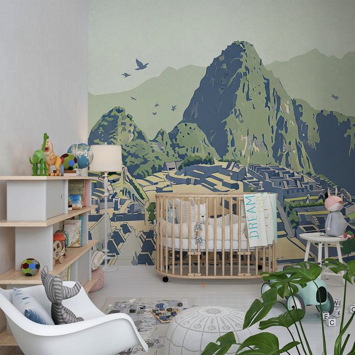 Papel de parede para quarto infantil | Exploração de Machu Picchu com montanhas verdejantes