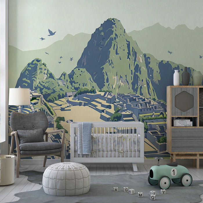 Papel de parede para quarto infantil | Exploração de Machu Picchu com montanhas verdejantes