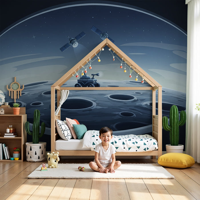 Papier peint chambre enfant | Exploration lunaire avec rover et satellites