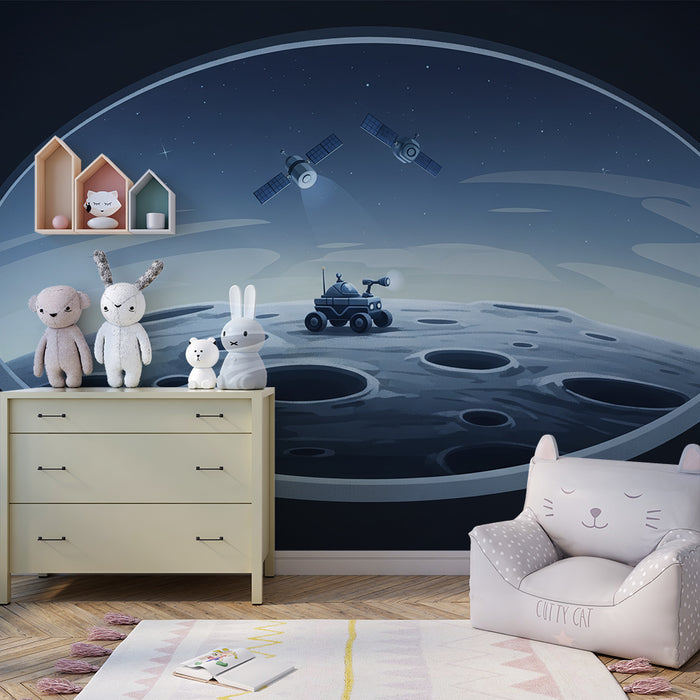 Papier peint chambre enfant | Exploration lunaire avec rover et satellites