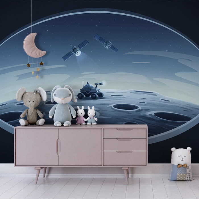 Papier peint chambre enfant | Exploration lunaire avec rover et satellites