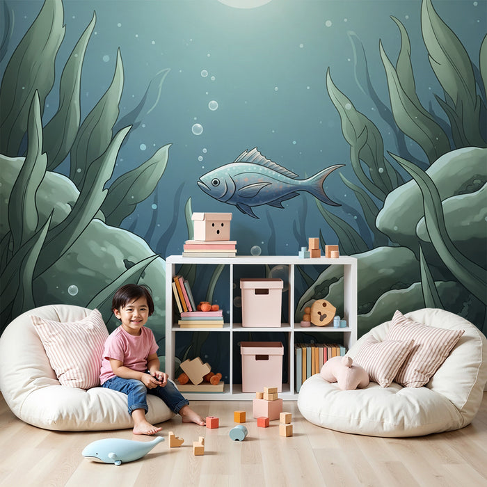 Papel de parede para quarto infantil | Exploração subaquática com peixes e algas