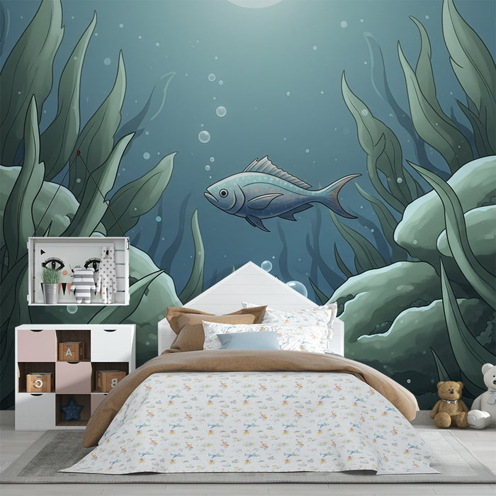 Papel de parede para quarto infantil | Exploração subaquática com peixes e algas