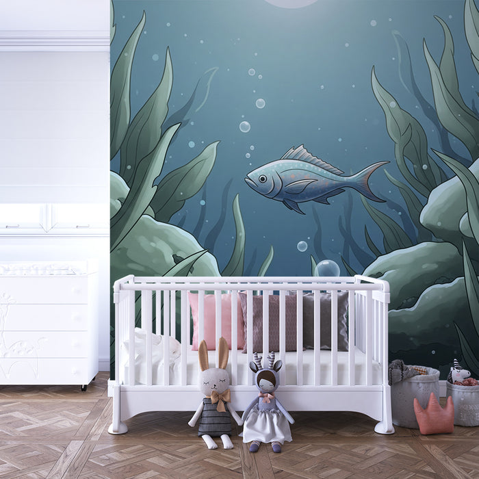 Papel de parede para quarto infantil | Exploração subaquática com peixes e algas
