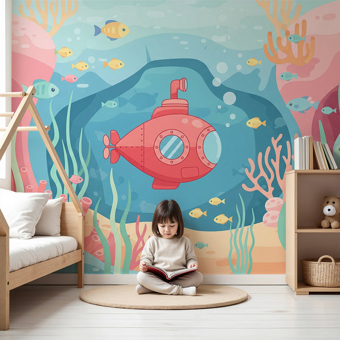 Kinderzimmer Tapete | Unterwassererkundung mit U-Boot und bunten Fischen
