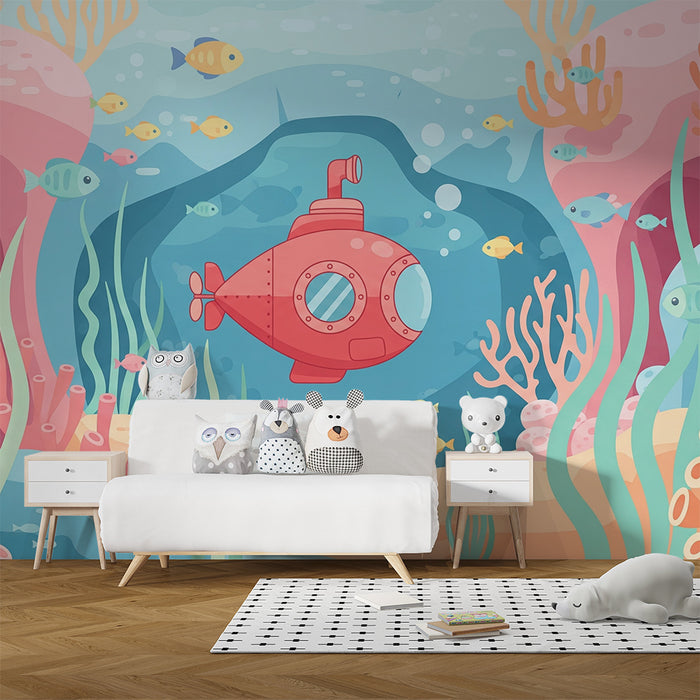 Kinderzimmer Tapete | Unterwassererkundung mit U-Boot und bunten Fischen