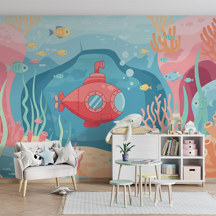 Kinderzimmer Tapete | Unterwassererkundung mit U-Boot und bunten Fischen