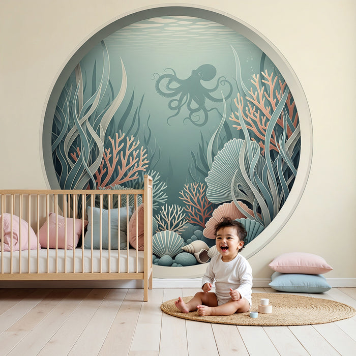 Behang kinderkamer | Onderwaterwereld met een octopus en kleurrijke schelpen